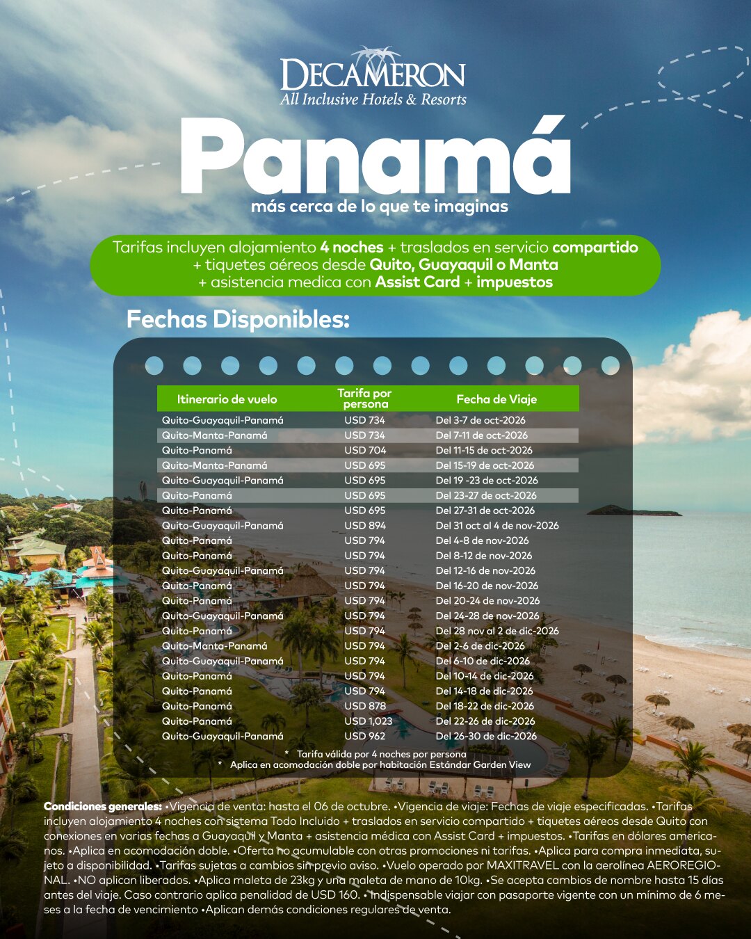 Calendario Charter Panamá octubre a diciembre 2026
